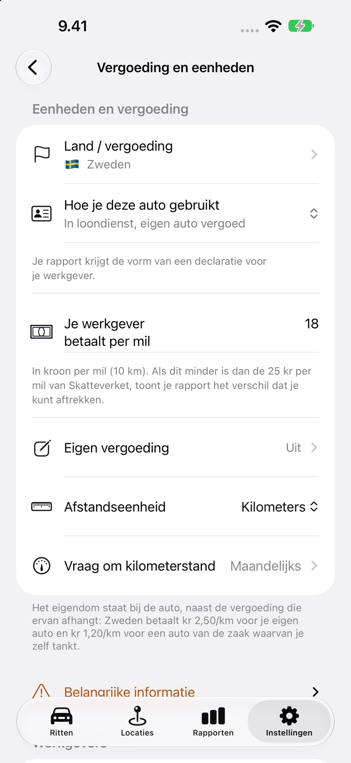 Instellingen, Vergoeding en eenheden, met het veld "Je werkgever betaalt per mil" ingesteld op 18 voor een Zweedse werknemer