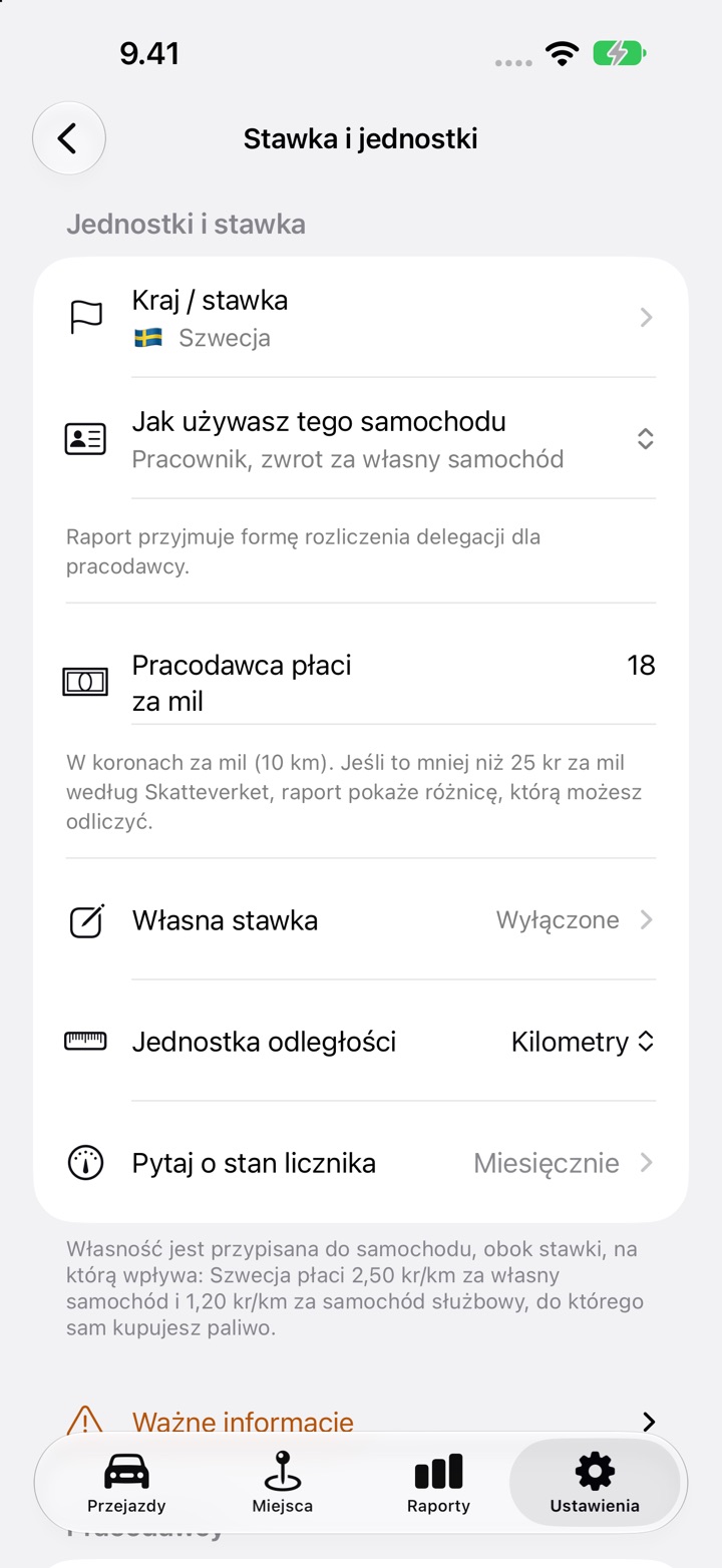 Ustawienia, Stawka i jednostki, z polem „Pracodawca płaci za mil” ustawionym na 18 dla szwedzkiego pracownika