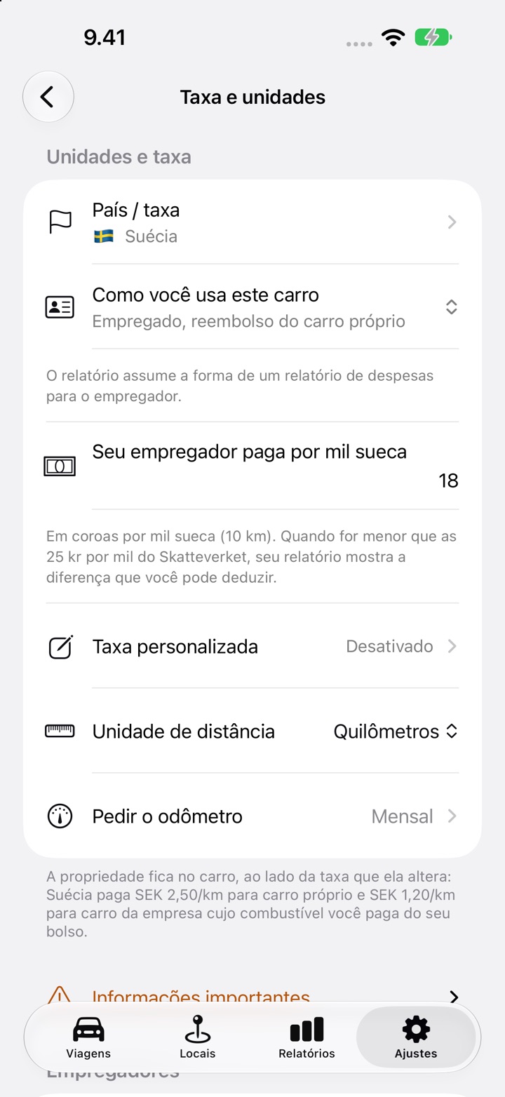 Ajustes, Taxa e unidades, com o campo "Seu empregador paga por mil sueca" definido como 18 para um empregado sueco