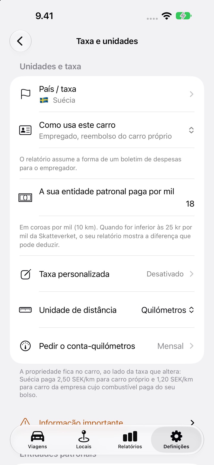 Definições, Taxa e unidades, com o campo "A sua entidade patronal paga por mil" definido como 18 para um trabalhador sueco