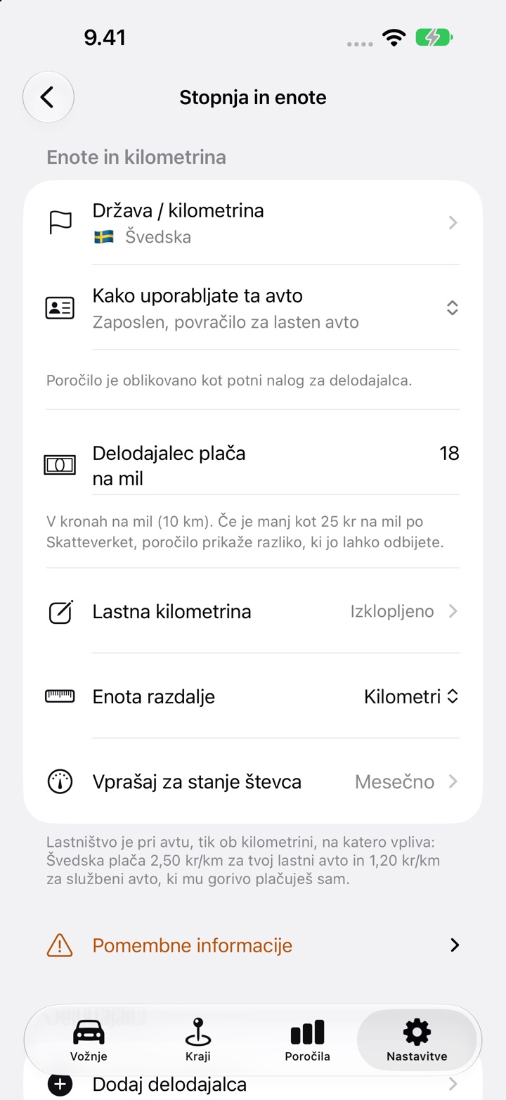 Nastavitve, Stopnja in enote, s poljem „Delodajalec plača na mil“, nastavljenim na 18 za švedskega zaposlenega