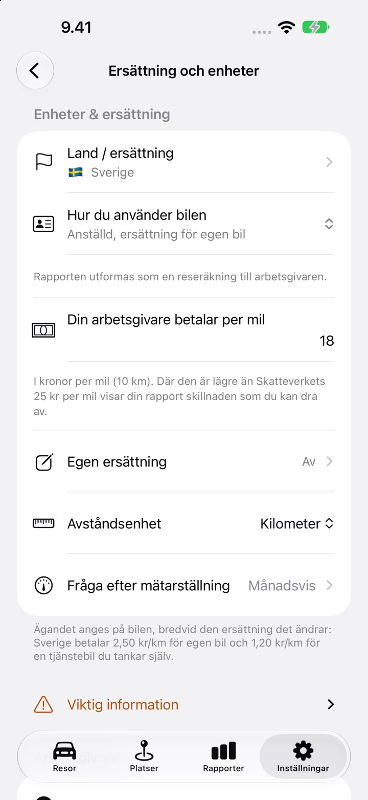 Inställningar, Ersättning och enheter, med fältet "Din arbetsgivare betalar per mil" satt till 18 för en anställd i Sverige