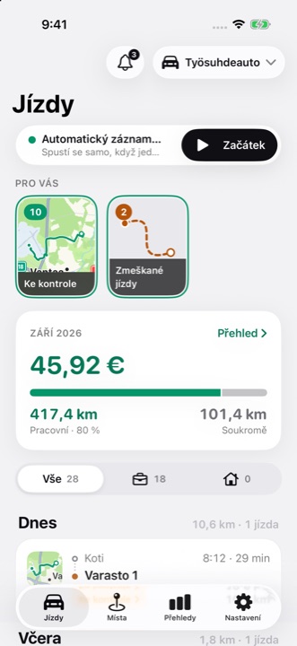 Obrazovka Jízdy v DriveHubu: automatické zaznamenávání zapnuté, příběhy Pro vás a odpočitatelná částka za měsíc