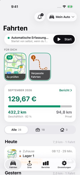 DriveHub-Bildschirm „Fahrten“: automatische Erfassung an, die Storys unter „Für dich“ und der absetzbare Betrag des Monats