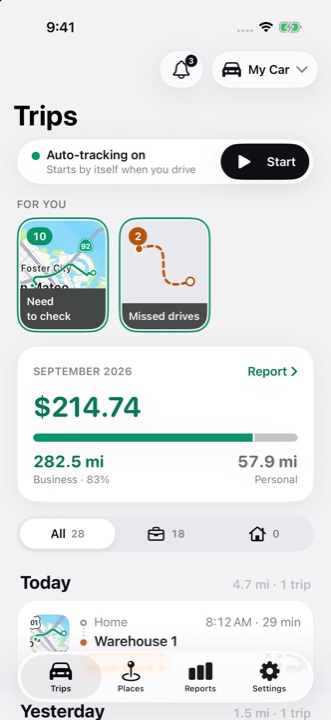 DriveHub Trips tab with tracking status, For you cards, monthly totals, filters and trip history