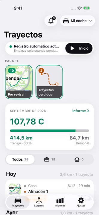 Pantalla Trayectos de DriveHub: registro automático activado, las historias de Para ti y el importe deducible del mes