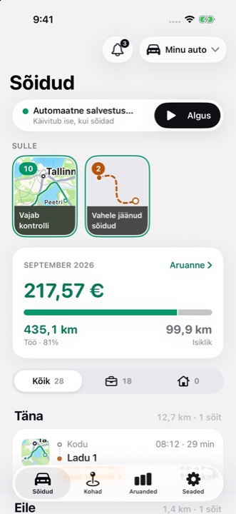 DriveHubi sõitude ekraan: automaatne salvestus on sees, lood jaotises Sulle ja kuu mahaarvatav summa