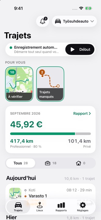 Écran Trajets de DriveHub : enregistrement automatique activé, les stories Pour vous et le montant déductible du mois