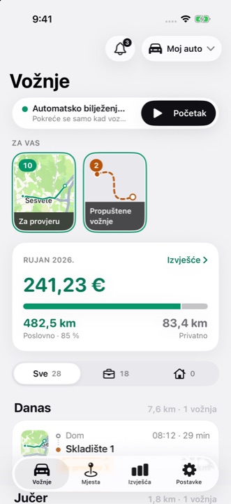 Zaslon Vožnje u DriveHubu: automatsko praćenje uključeno, priče Za vas i odbitni iznos za ovaj mjesec
