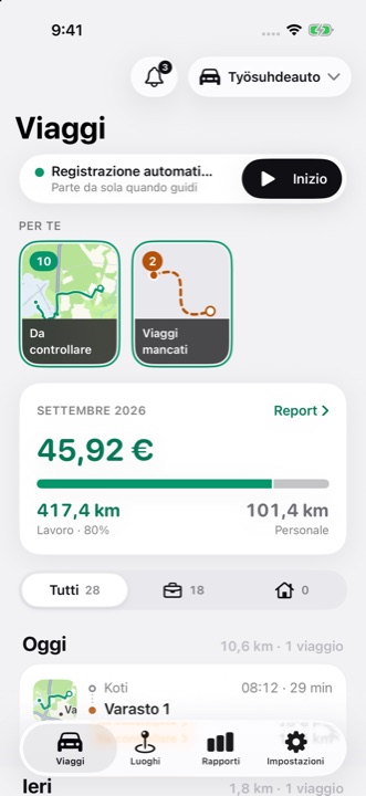 La schermata Viaggi di DriveHub: registrazione automatica attiva, le storie Per te e l’importo deducibile del mese