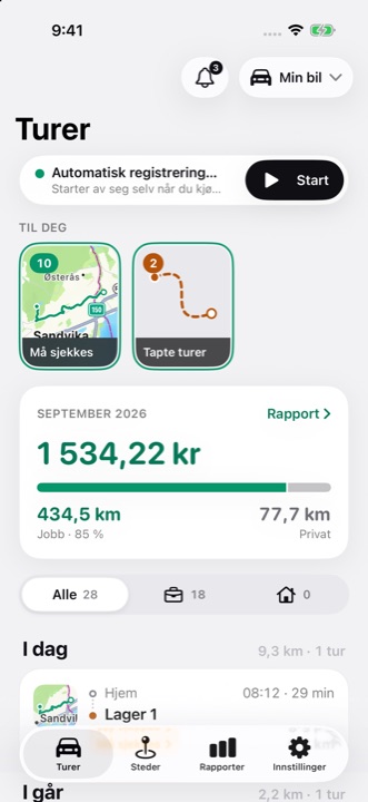 Turer-skjermen i DriveHub: automatisk registrering på, historiene under Til deg og fradragsbeløpet for måneden