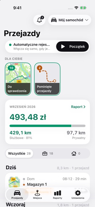 Ekran Przejazdy w DriveHub: automatyczne rejestrowanie włączone, relacje Dla ciebie i kwota do odliczenia za miesiąc