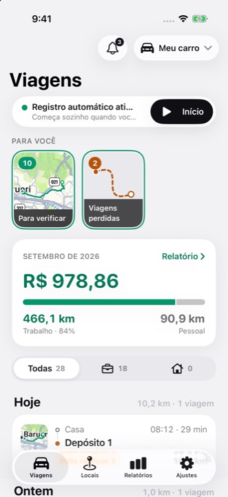 Tela Viagens do DriveHub: registro automático ativado, os stories Para você e o valor dedutível do mês