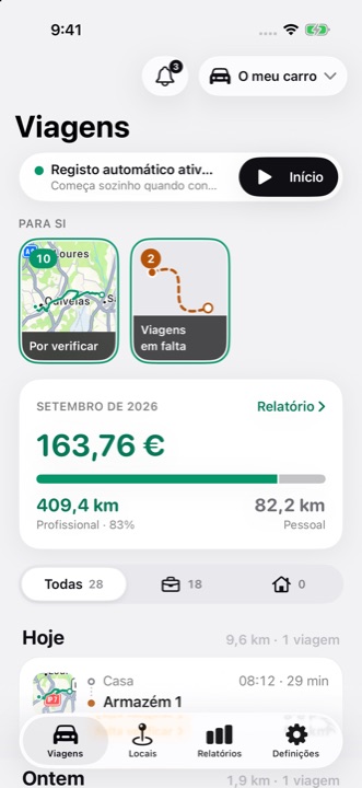 Ecrã Viagens do DriveHub: registo automático ativo, as histórias Para si e o valor dedutível do mês