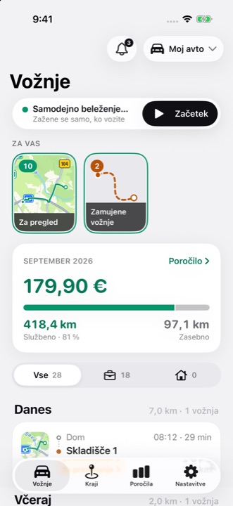Zaslon Vožnje v DriveHubu: samodejno beleženje je vklopljeno, zgodbe Za vas in priznani znesek za ta mesec