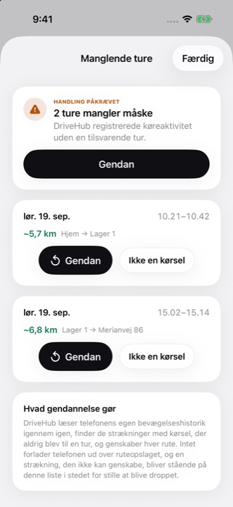 Listen Manglende ture: to kørsler, som iPhonen registrerede uden en tilsvarende tur, hver med Gendan og Ikke en kørsel