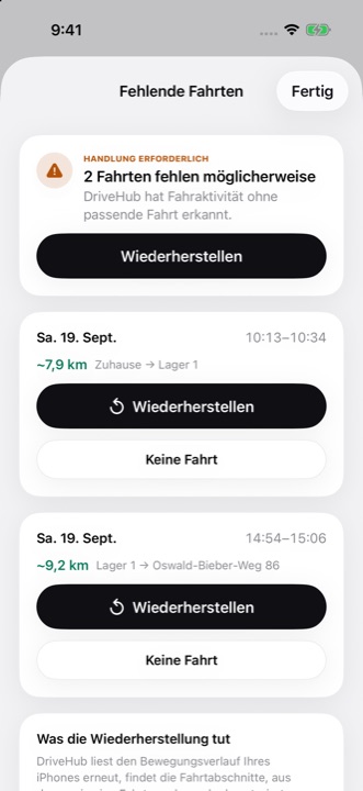 Die Liste „Fehlende Fahrten“: zwei Fahrten, die das iPhone ohne passenden Eintrag protokolliert hat, jeweils mit „Wiederherstellen“ und „Keine Fahrt“