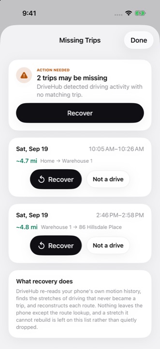 Missing Trips screen with Recover and Not a drive actions for two possible gaps