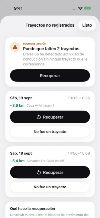 La lista Trayectos no registrados: dos trayectos que el iPhone registró sin trayecto correspondiente, cada uno con Recuperar y No fue un trayecto
