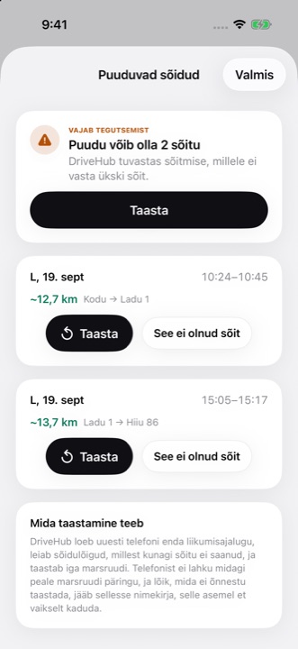 Loend Puuduvad sõidud: kaks iPhone'i registreeritud sõitu ilma vastava salvestuseta, kummalgi nupud Taasta ja See ei olnud sõit