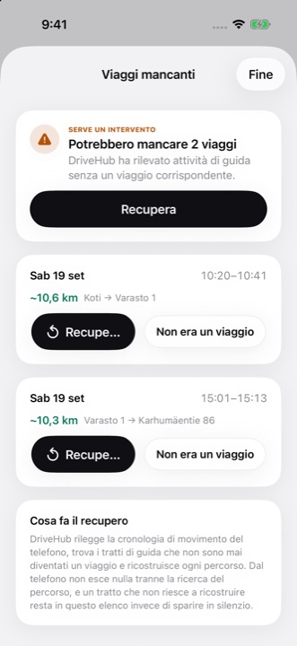 L’elenco Viaggi mancanti: due tragitti rilevati dall’iPhone senza un viaggio corrispondente, ciascuno con Recupera e Non era un viaggio