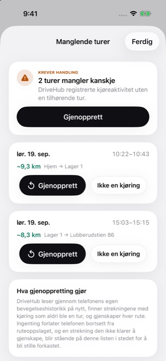 Listen Manglende turer: to kjøringer iPhonen registrerte uten en tilhørende tur, hver med Gjenopprett og Ikke en kjøring
