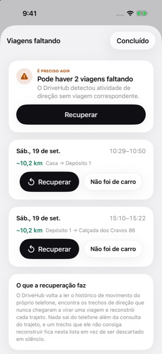 A lista Viagens faltando: dois trajetos que o iPhone registrou sem viagem correspondente, cada um com Recuperar e Não foi de carro