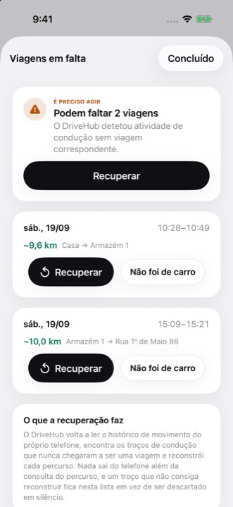 A lista Viagens em falta: duas viagens de carro registadas pelo iPhone sem viagem correspondente, cada uma com Recuperar e Não foi de carro