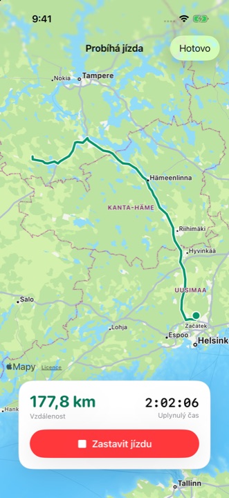 Probíhající jízda: trasa na mapě, vzdálenost a uplynulý čas