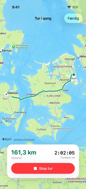 En tur i gang: ruten på kortet, afstanden og den forløbne tid
