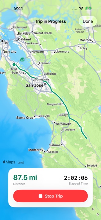 DriveHub live trip map showing a route in progress