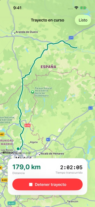 Un trayecto en curso: la ruta en el mapa, la distancia y el tiempo transcurrido