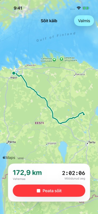 Pooleli sõit: marsruut kaardil, läbitud vahemaa ja kulunud aeg