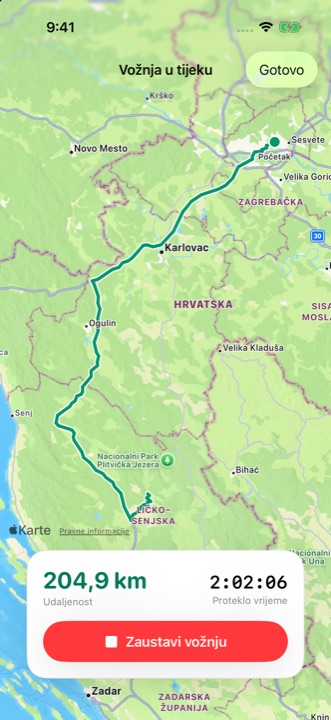 Vožnja u tijeku: ruta na karti, udaljenost i proteklo vrijeme