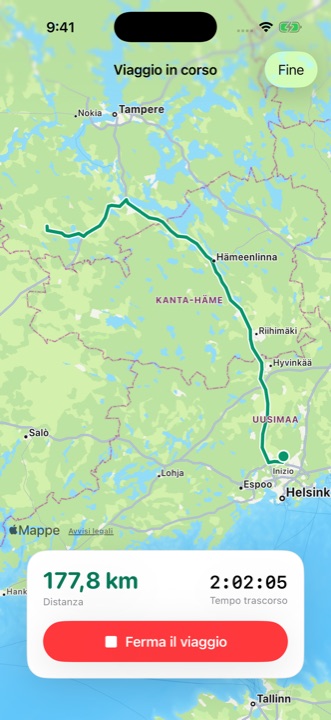 Un viaggio in corso: il percorso sulla mappa, la distanza e il tempo trascorso