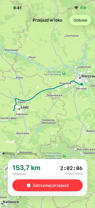 Przejazd w toku: trasa na mapie, odległość i czas jazdy