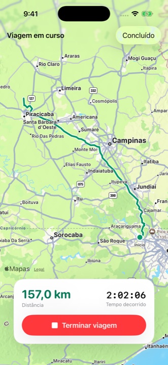 Uma viagem em andamento: o trajeto no mapa, a distância e o tempo decorrido