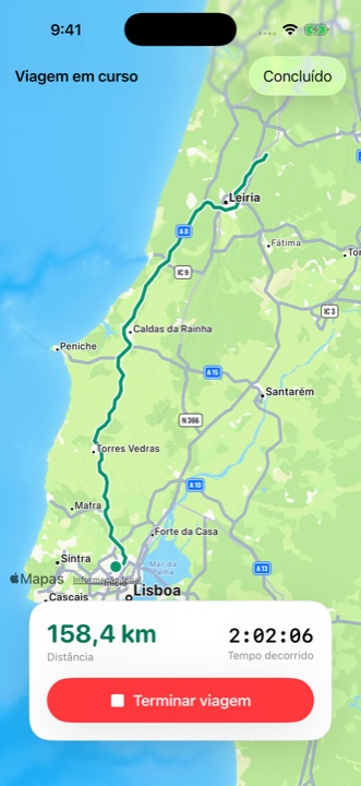 Uma viagem em curso: o percurso no mapa, a distância e o tempo decorrido