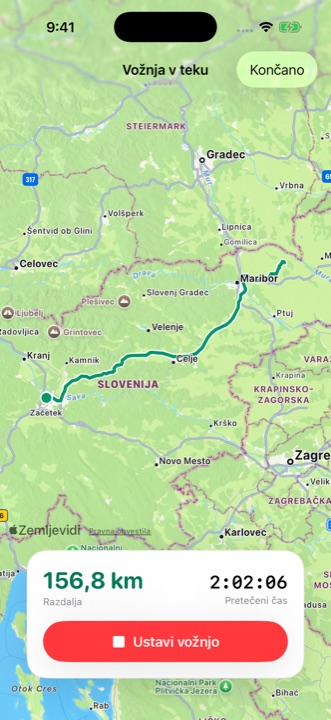 Vožnja v teku: pot na zemljevidu, razdalja in pretečeni čas