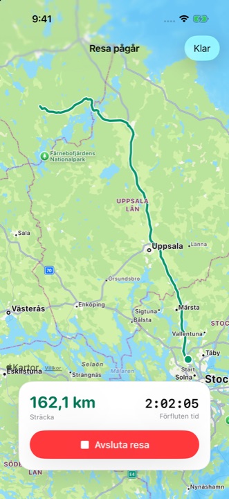 En pågående resa: rutten på kartan, sträckan och förfluten tid