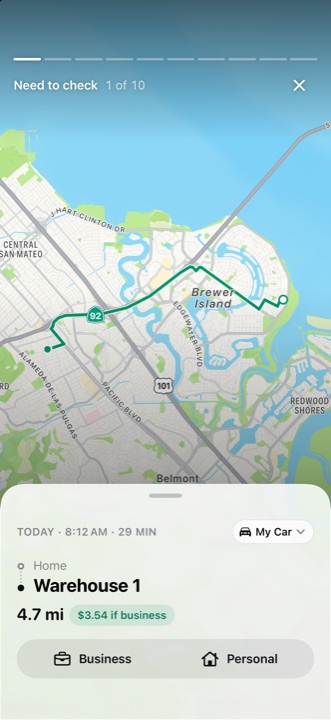 Need to check trip story with route, distance and Business and Personal buttons