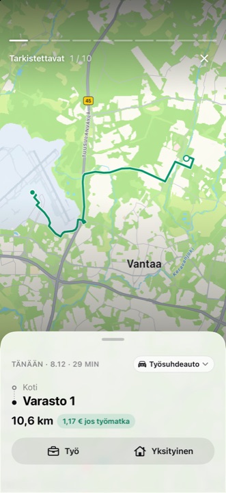 Tarkistettavat-tarina: yksi matka reitteineen, matkan pituus ja arvo työajona