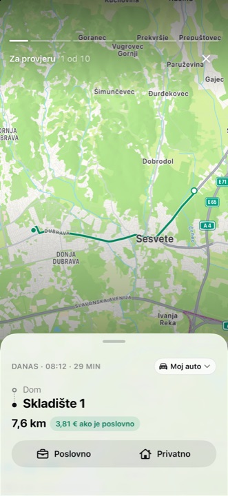 Priča Za provjeru: jedna vožnja s rutom, udaljenošću i iznosom koji vrijedi ako je poslovna