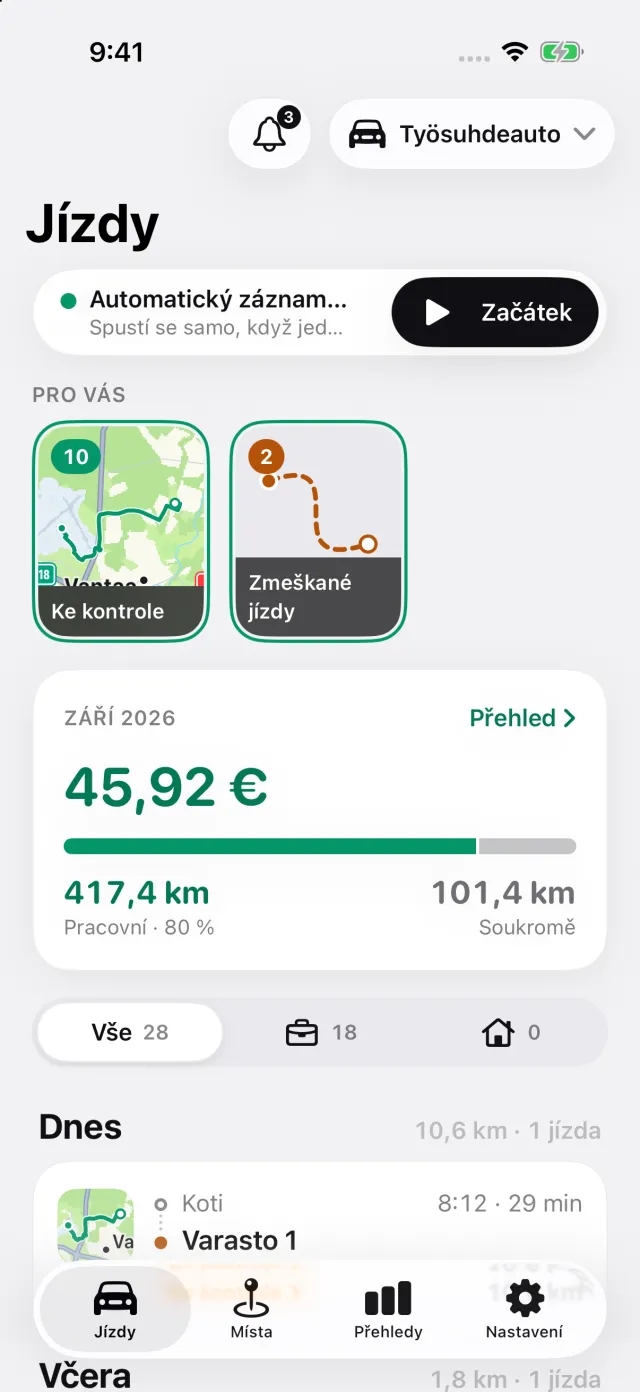 Obrazovka Jízdy v DriveHubu: automatické zaznamenávání zapnuté, příběhy Pro vás a odpočitatelná částka za měsíc