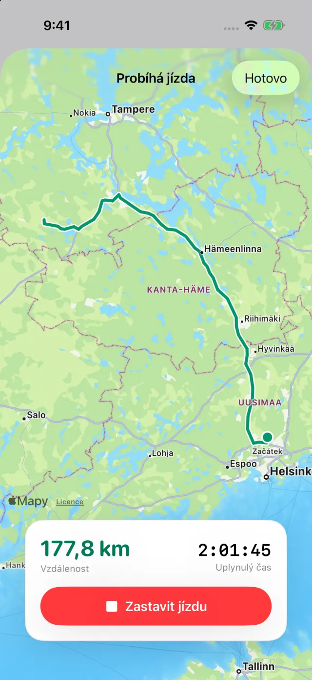 Probíhající jízda: trasa na mapě, vzdálenost a uplynulý čas