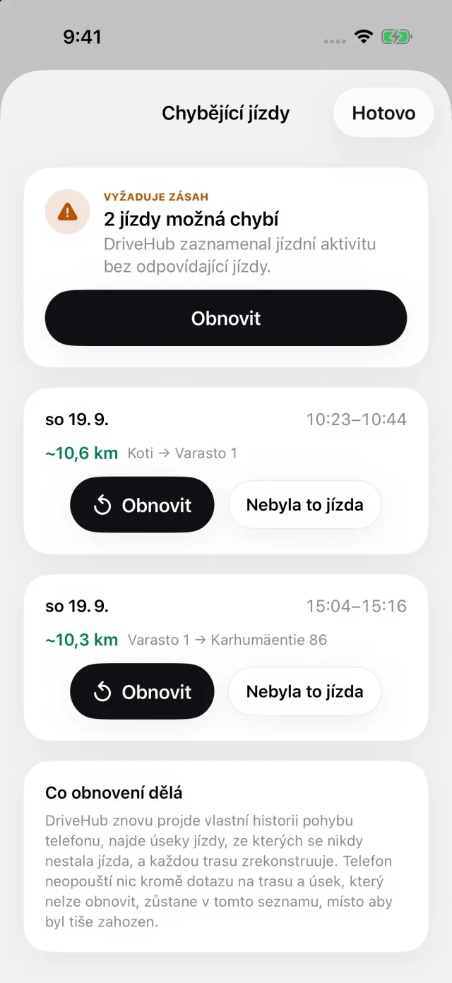 Příběh Zmeškané jízdy: jízda, kterou iPhone zaznamenal, bez odpovídajícího záznamu, a tlačítko Obnovit