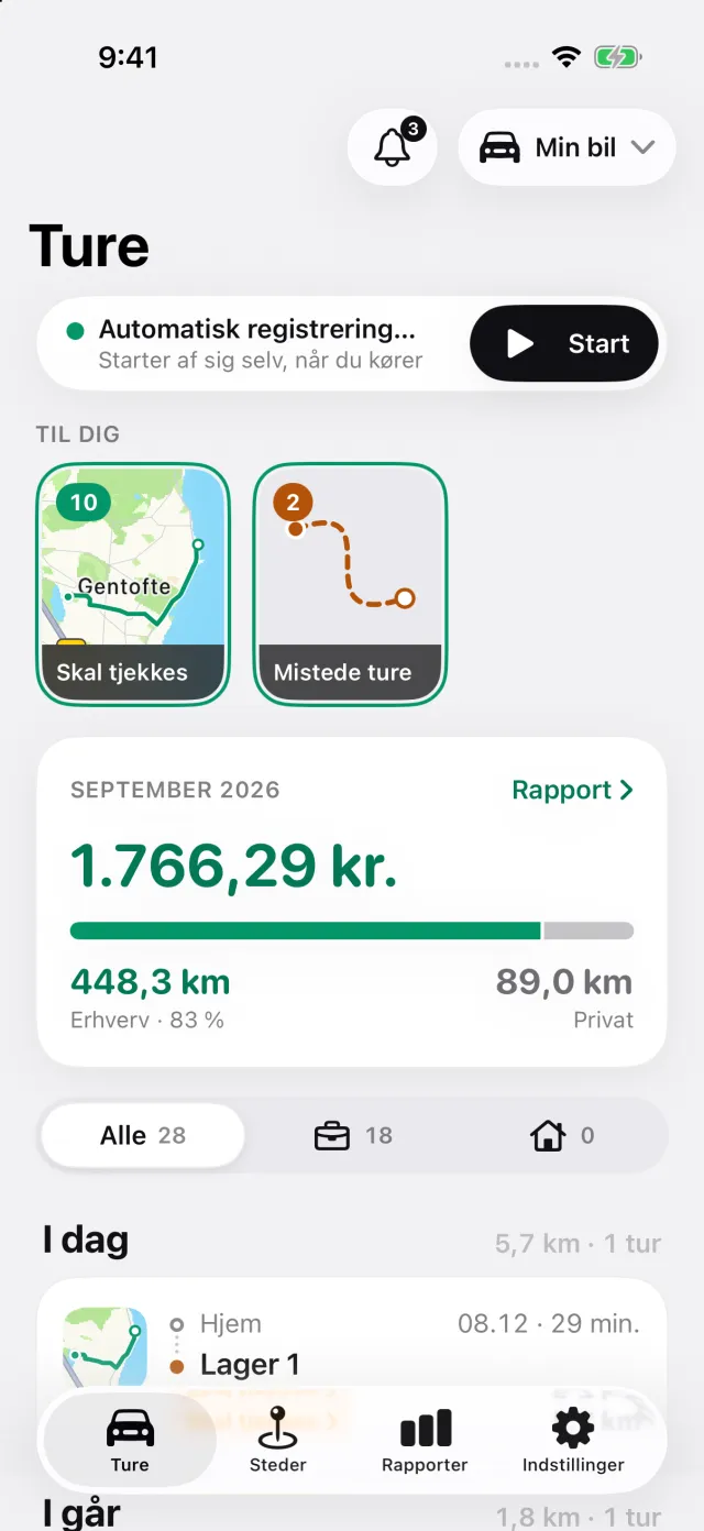 DriveHubs skærm Ture: automatisk registrering slået til, historierne under Til dig og månedens fradragsberettigede beløb