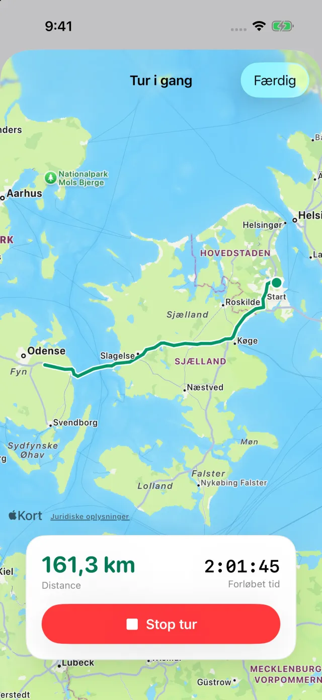 En tur i gang: ruten på kortet, afstanden og den forløbne tid