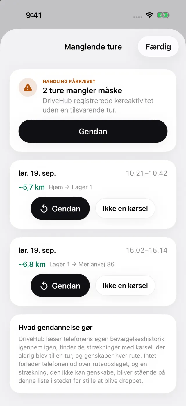 Historien Mistede ture: en kørsel, som iPhonen registrerede uden en tilsvarende tur, og Gendan