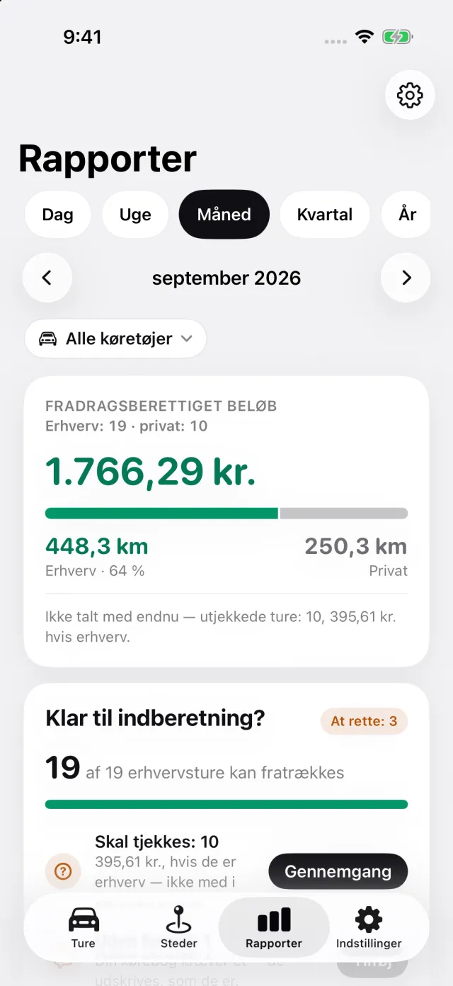 Skærmen Rapporter: månedens fradragsberettigede beløb, fordelingen på erhverv og privat, eksport